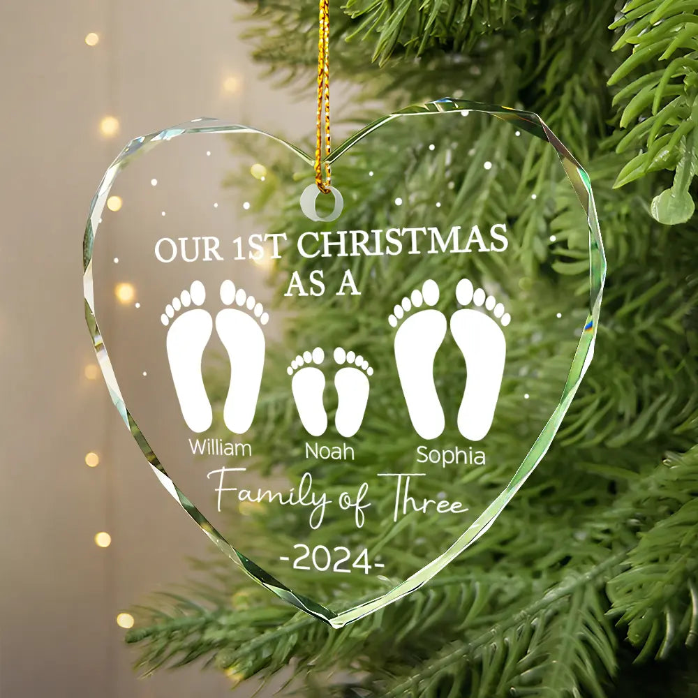 First Christmas As A Family Of Four Footprints - Personalized Heart Shaped Glass Ornament ORNA1210