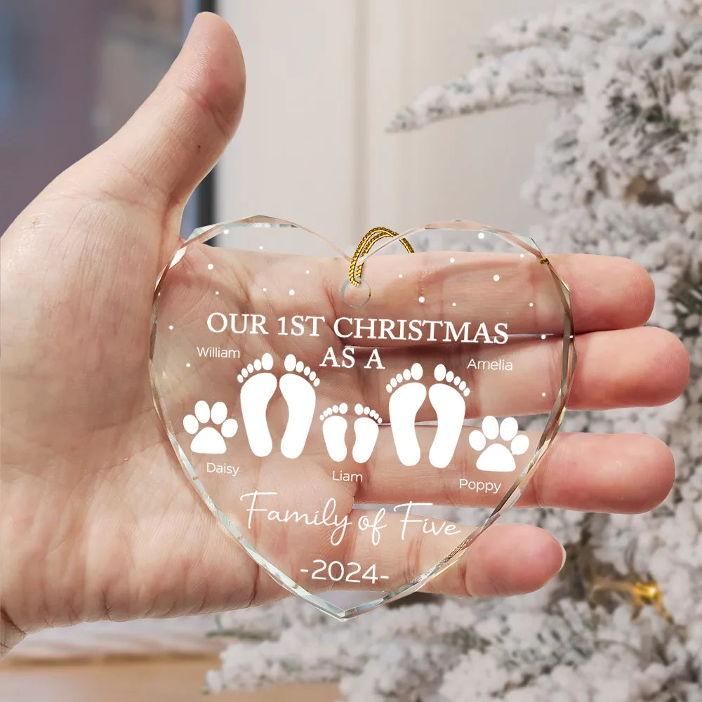 First Christmas As A Family Of Four Footprints - Personalized Heart Shaped Glass Ornament ORNA1210