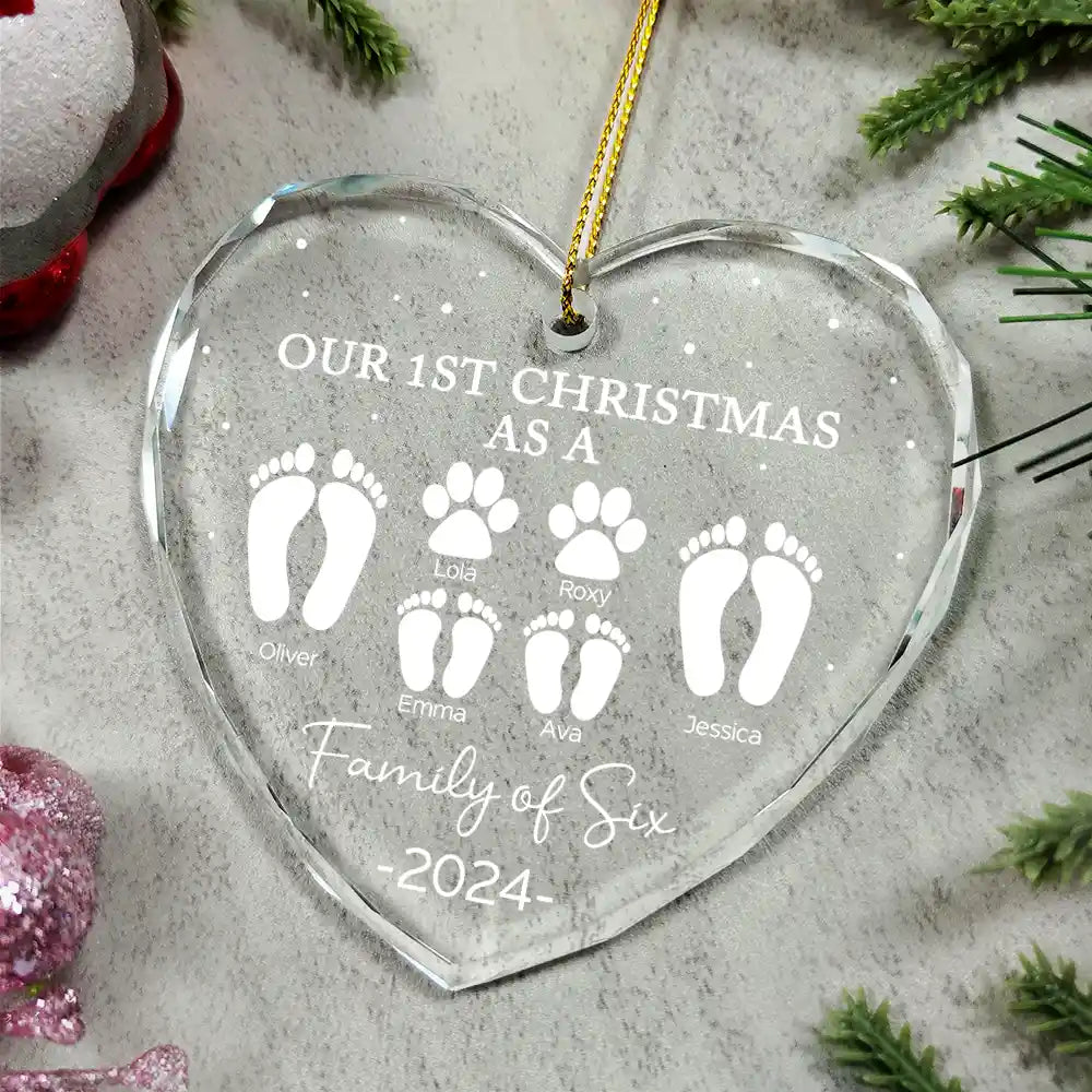 First Christmas As A Family Of Four Footprints - Personalized Heart Shaped Glass Ornament ORNA1210