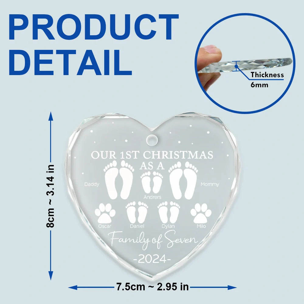 First Christmas As A Family Of Four Footprints - Personalized Heart Shaped Glass Ornament ORNA1210