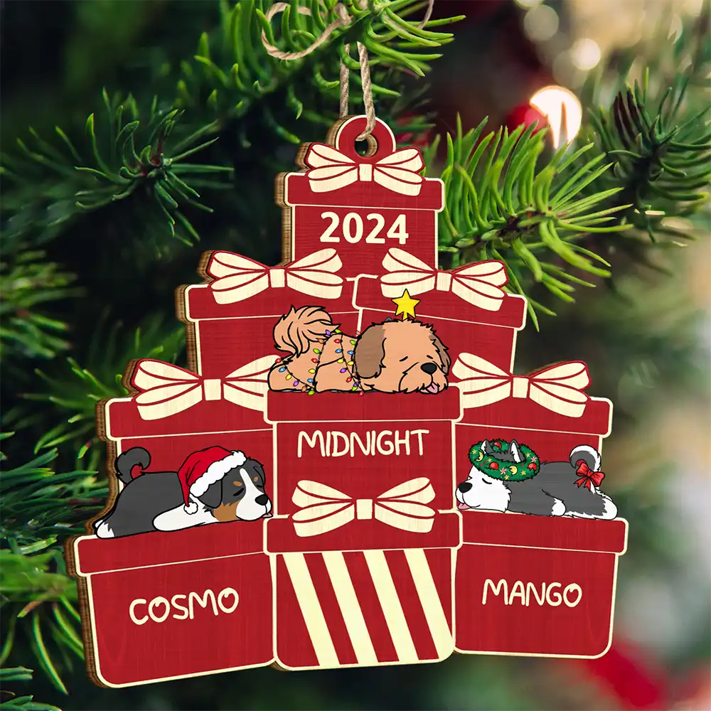 Lying Dogs On The Christmas Gifts - Personalized Wooden Cutout Ornament ORNA1210