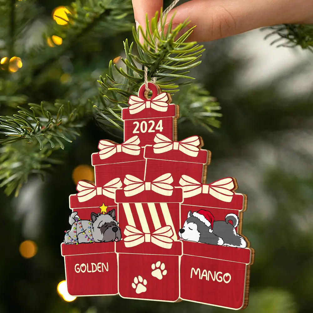 Lying Dogs On The Christmas Gifts - Personalized Wooden Cutout Ornament ORNA1210