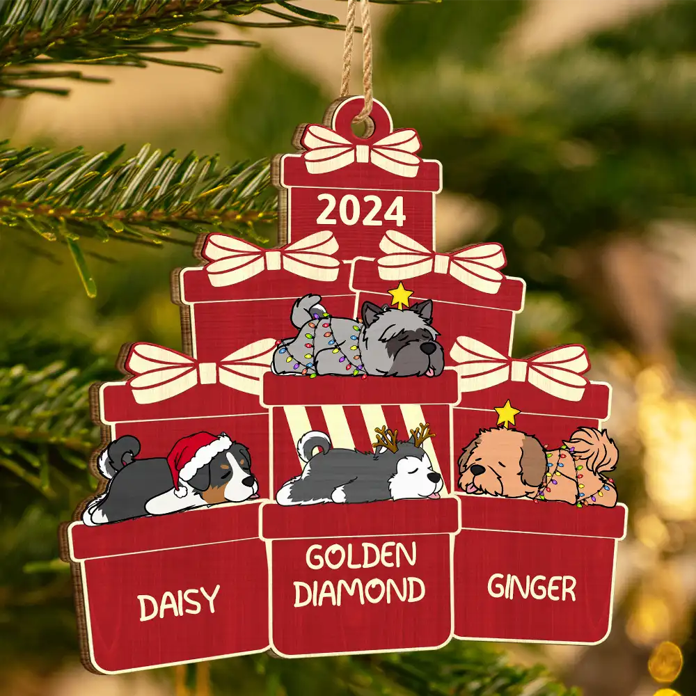 Lying Dogs On The Christmas Gifts - Personalized Wooden Cutout Ornament ORNA1210