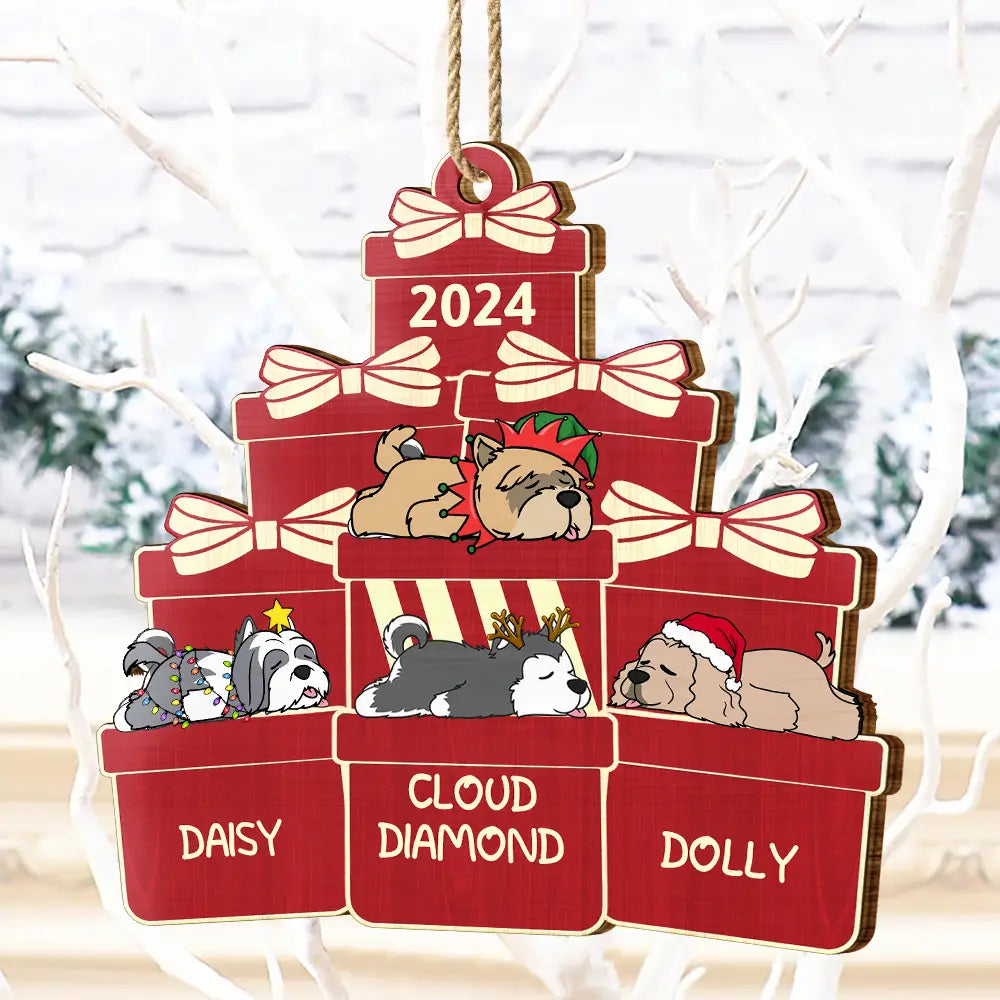 Lying Dogs On The Christmas Gifts - Personalized Wooden Cutout Ornament ORNA1210