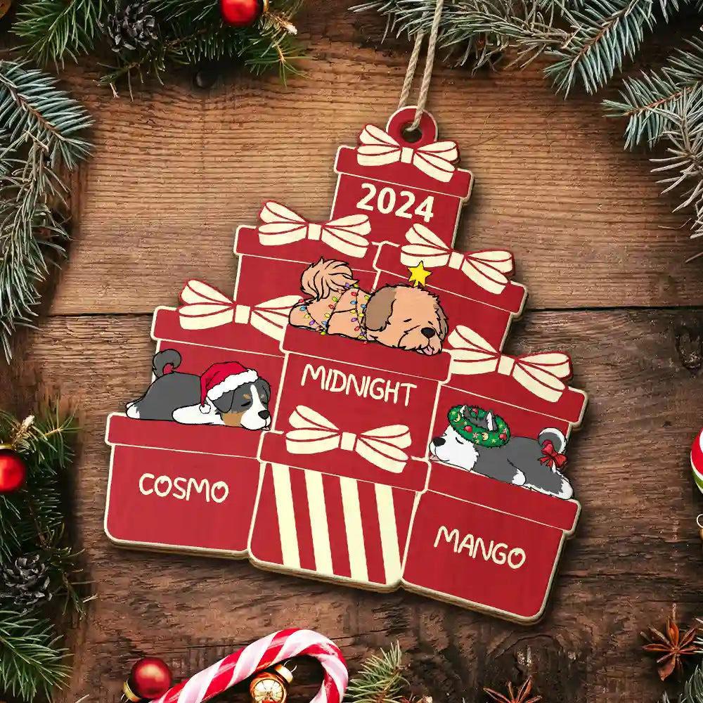 Lying Dogs On The Christmas Gifts - Personalized Wooden Cutout Ornament ORNA1210