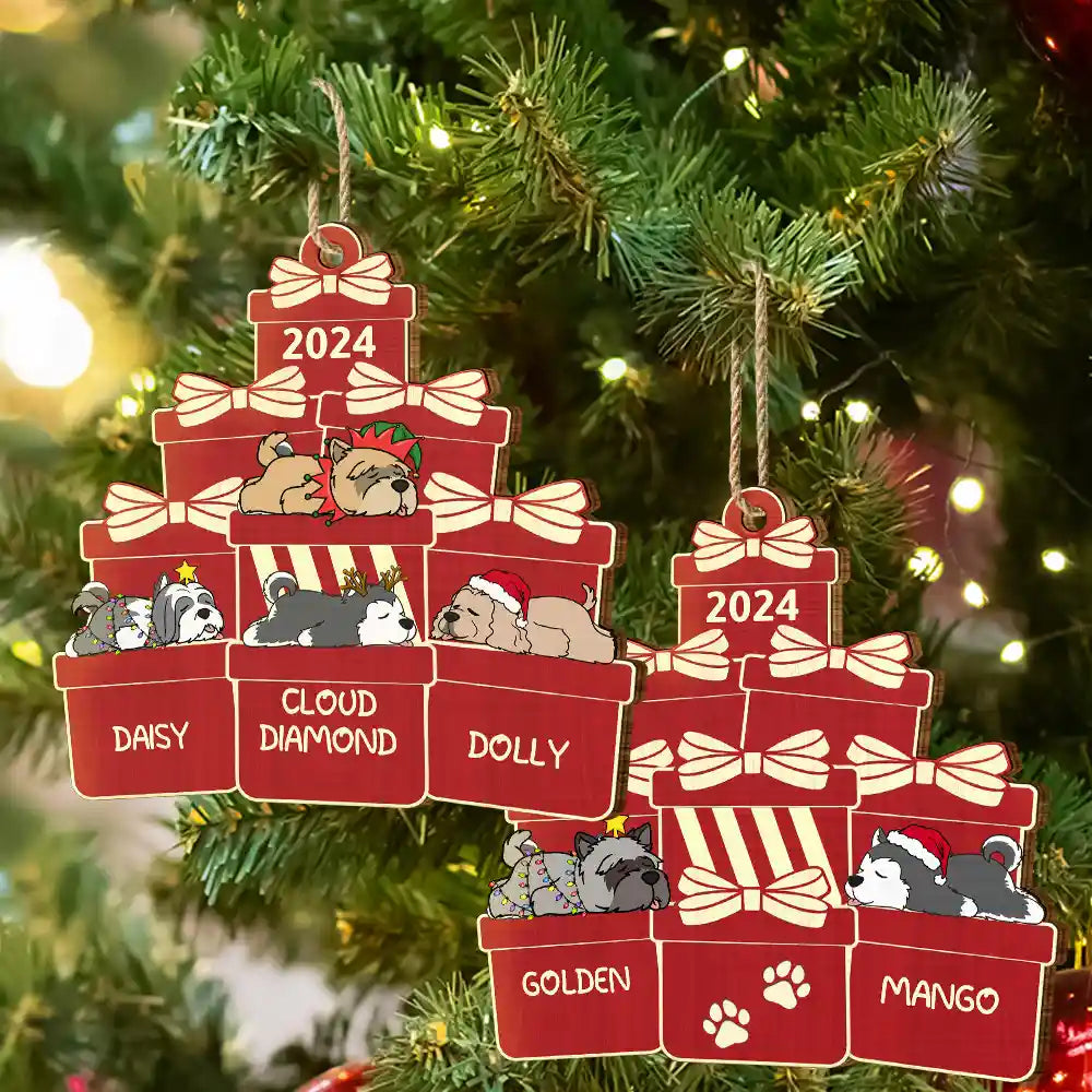 Lying Dogs On The Christmas Gifts - Personalized Wooden Cutout Ornament ORNA1210