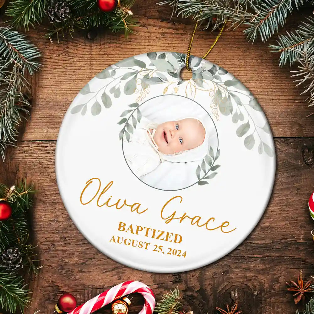 Custom Photo Baptized Baby - Personalized Circle Ceramic Ornament ORNA1210