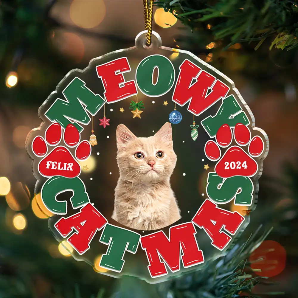 Custom Photo Meowy Catmas Merry Woofmas - Personalized Custom Shaped Acrylic Ornament ORNA1210