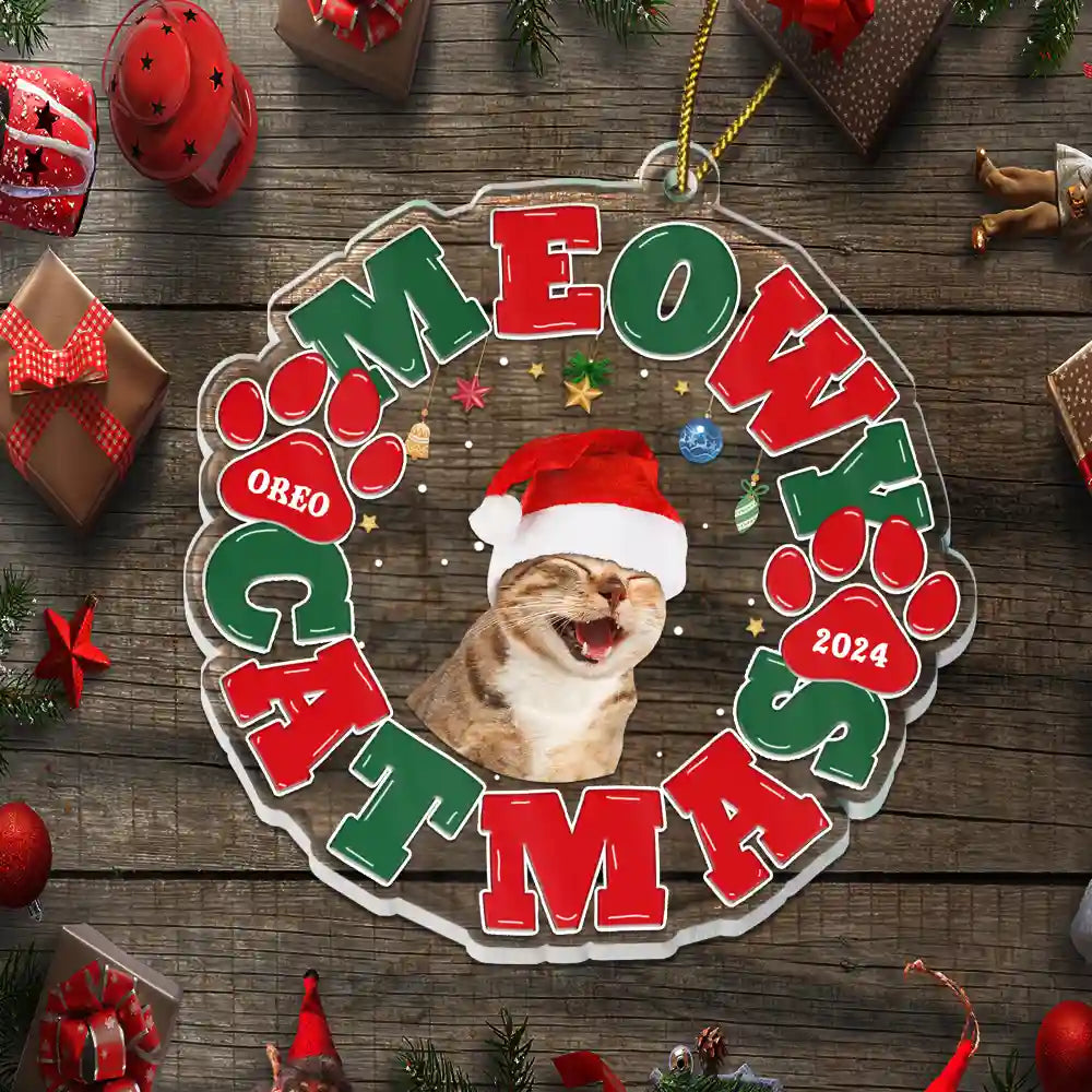 Custom Photo Meowy Catmas Merry Woofmas - Personalized Custom Shaped Acrylic Ornament ORNA1210