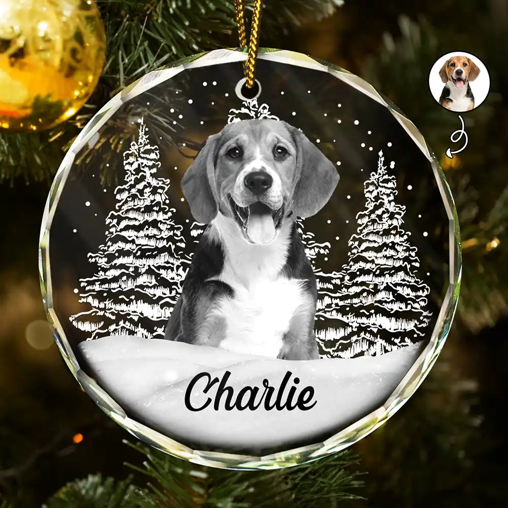 Custom Photo Grayscale Dog Face Pet Memorial - Personalized Circle Glass Ornament ORNA1210