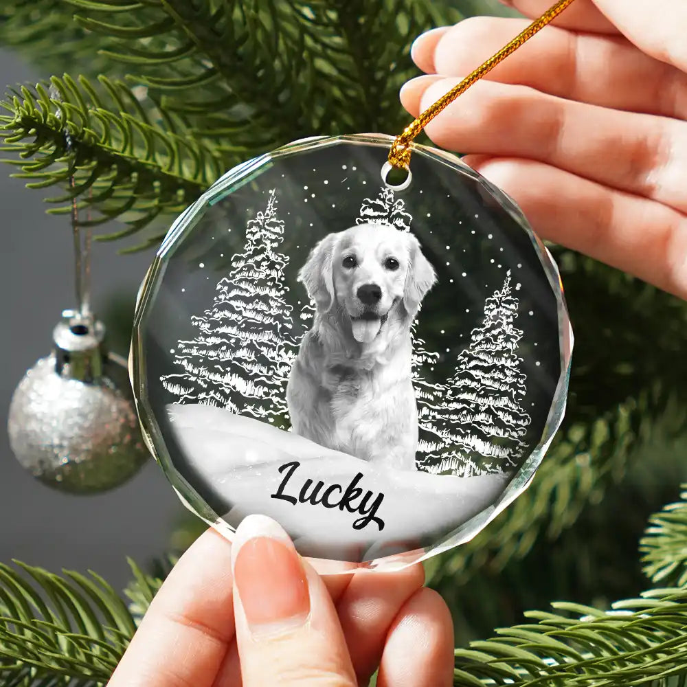 Custom Photo Grayscale Dog Face Pet Memorial - Personalized Circle Glass Ornament ORNA1210