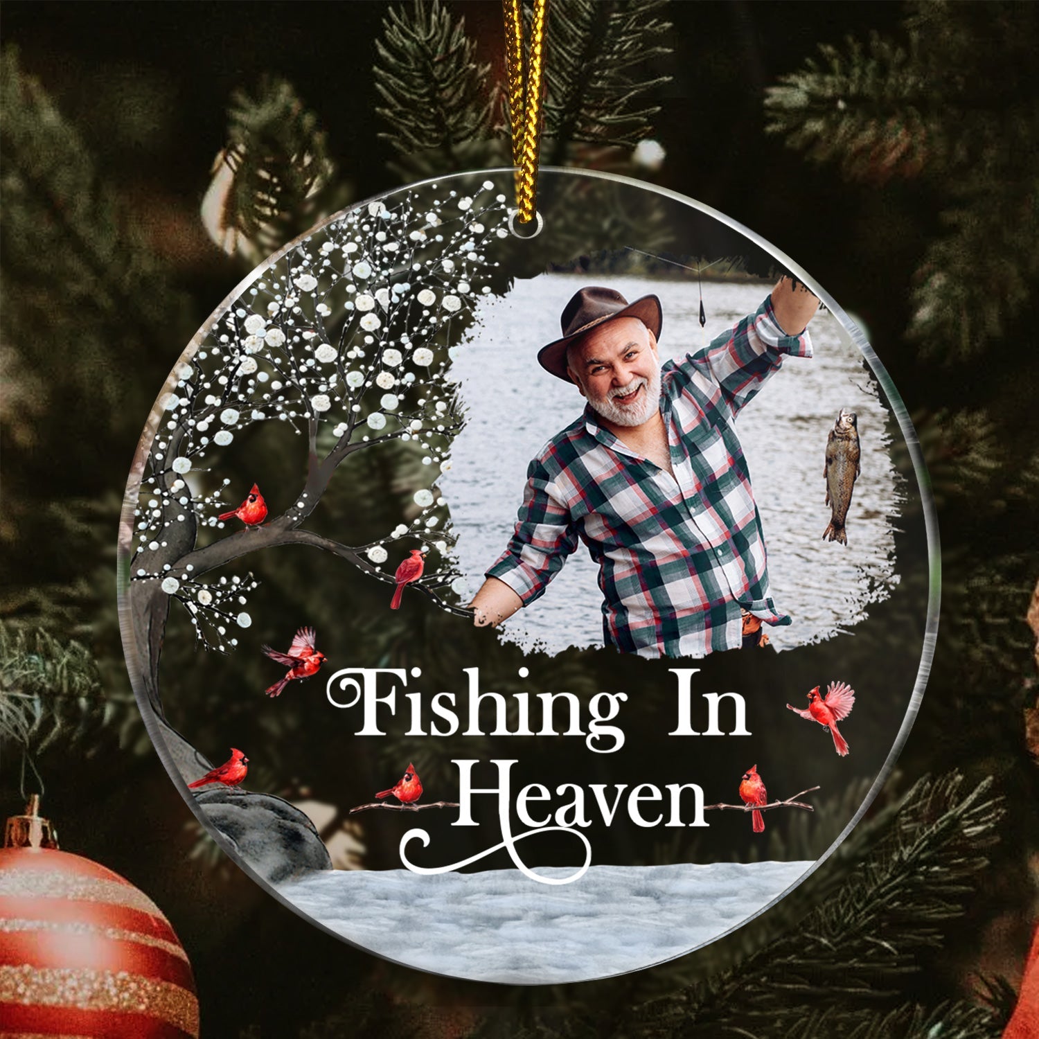 Custom Photo Fishing In Heaven - Memorial Gift For Family, Friends, Siblings, Fisherman - Personalized Circle Acrylic Ornament ORNA1210