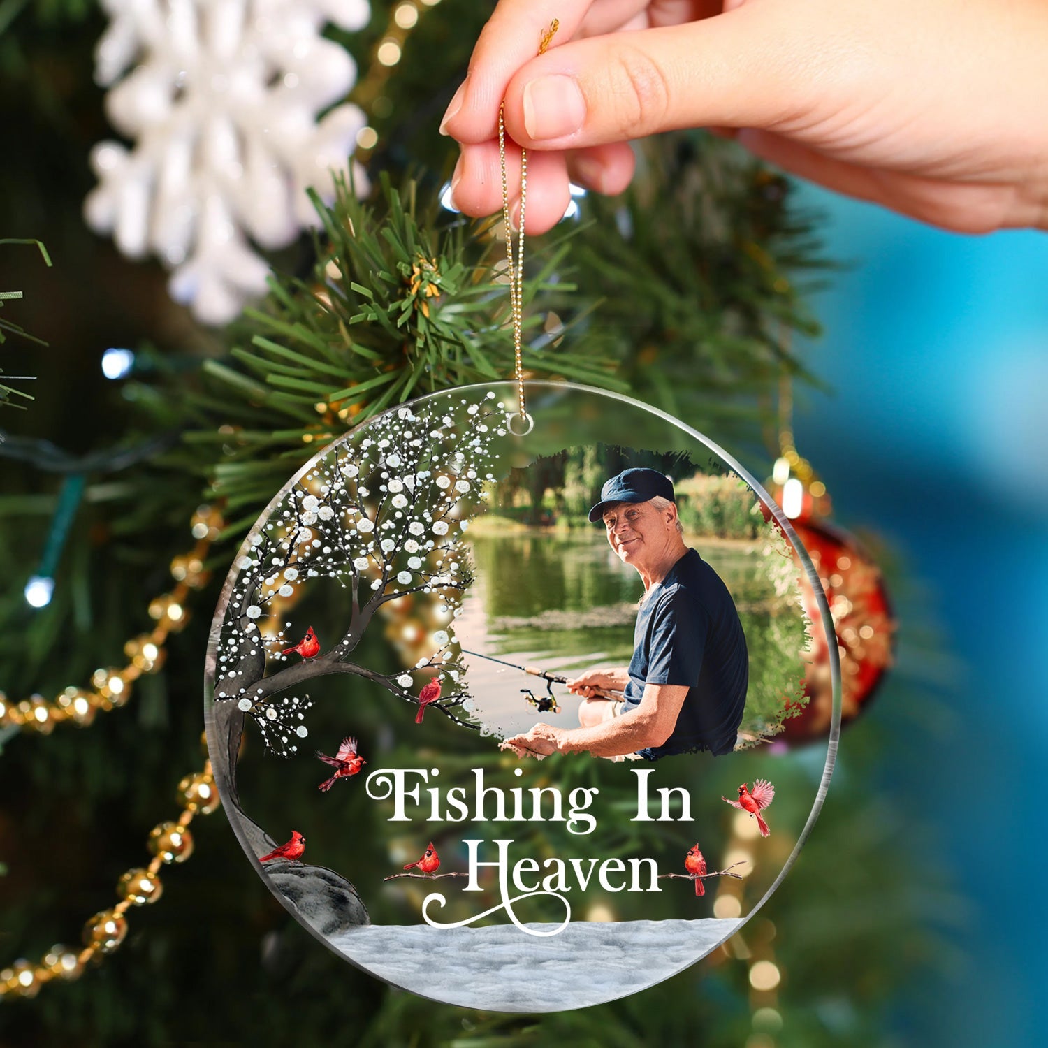 Custom Photo Fishing In Heaven - Memorial Gift For Family, Friends, Siblings, Fisherman - Personalized Circle Acrylic Ornament ORNA1210