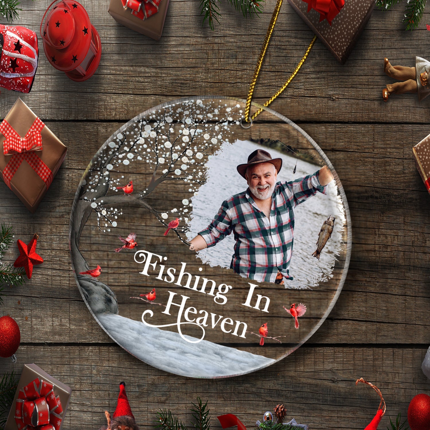 Custom Photo Fishing In Heaven - Memorial Gift For Family, Friends, Siblings, Fisherman - Personalized Circle Acrylic Ornament ORNA1210