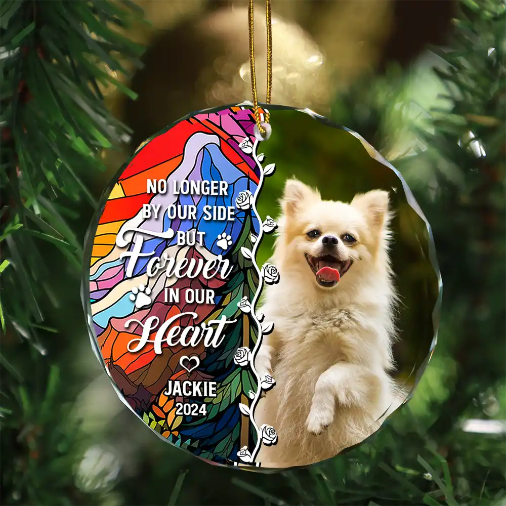 Custom Photo No Longer By Our Side Dog Cat Pet Memorial Heart - Personalized Circle Glass Ornament ORNA1210