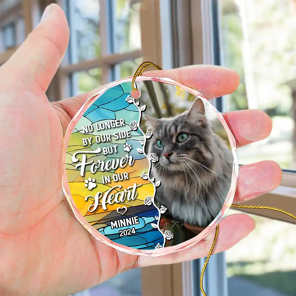 Custom Photo No Longer By Our Side Dog Cat Pet Memorial Heart - Personalized Circle Glass Ornament ORNA1210