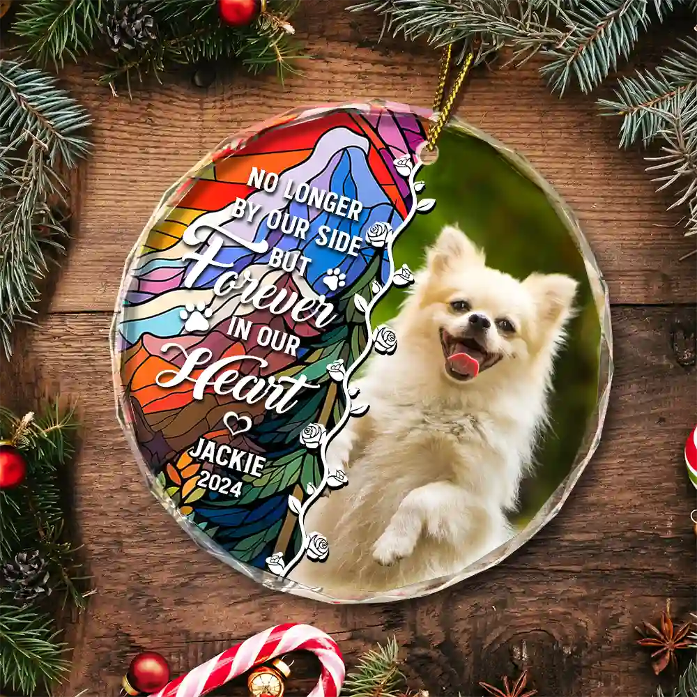 Custom Photo No Longer By Our Side Dog Cat Pet Memorial Heart - Personalized Circle Glass Ornament ORNA1210