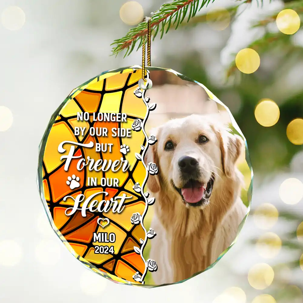 Custom Photo No Longer By Our Side Dog Cat Pet Memorial Heart - Personalized Circle Glass Ornament ORNA1210