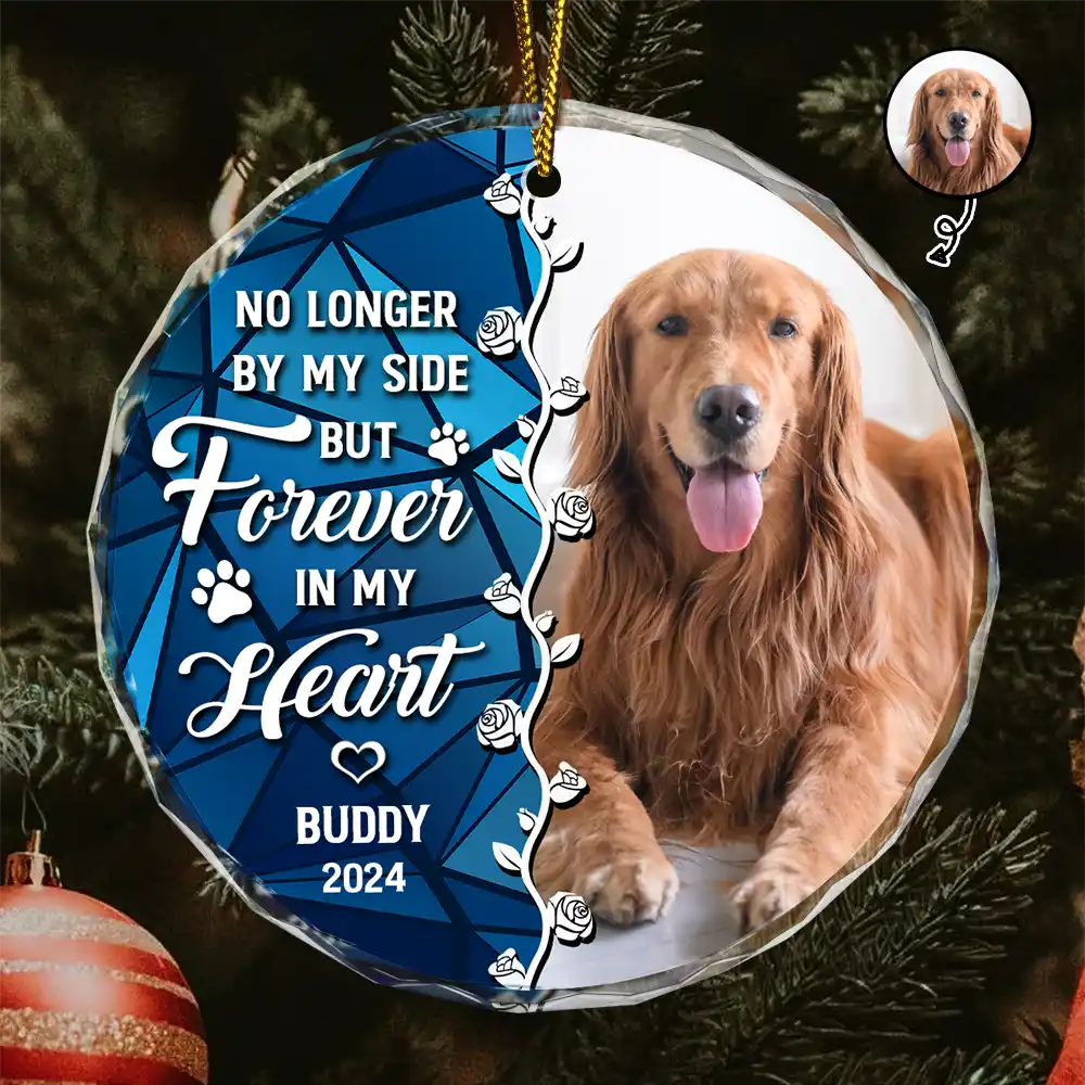 Custom Photo No Longer By Our Side Dog Cat Pet Memorial Heart - Personalized Circle Glass Ornament ORNA1210