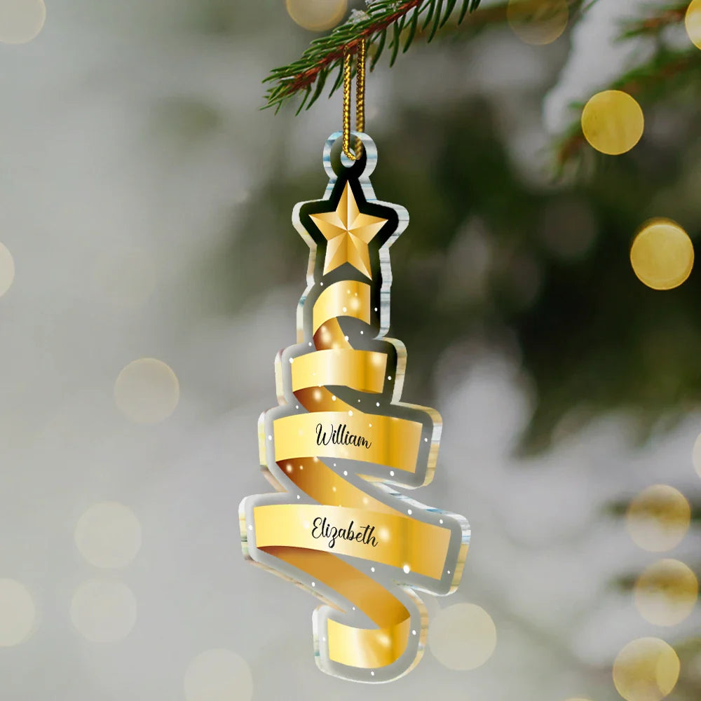 Family Names Ribbon Christmas Tree - Personalized Custom Shaped Acrylic Ornament ORNA1210