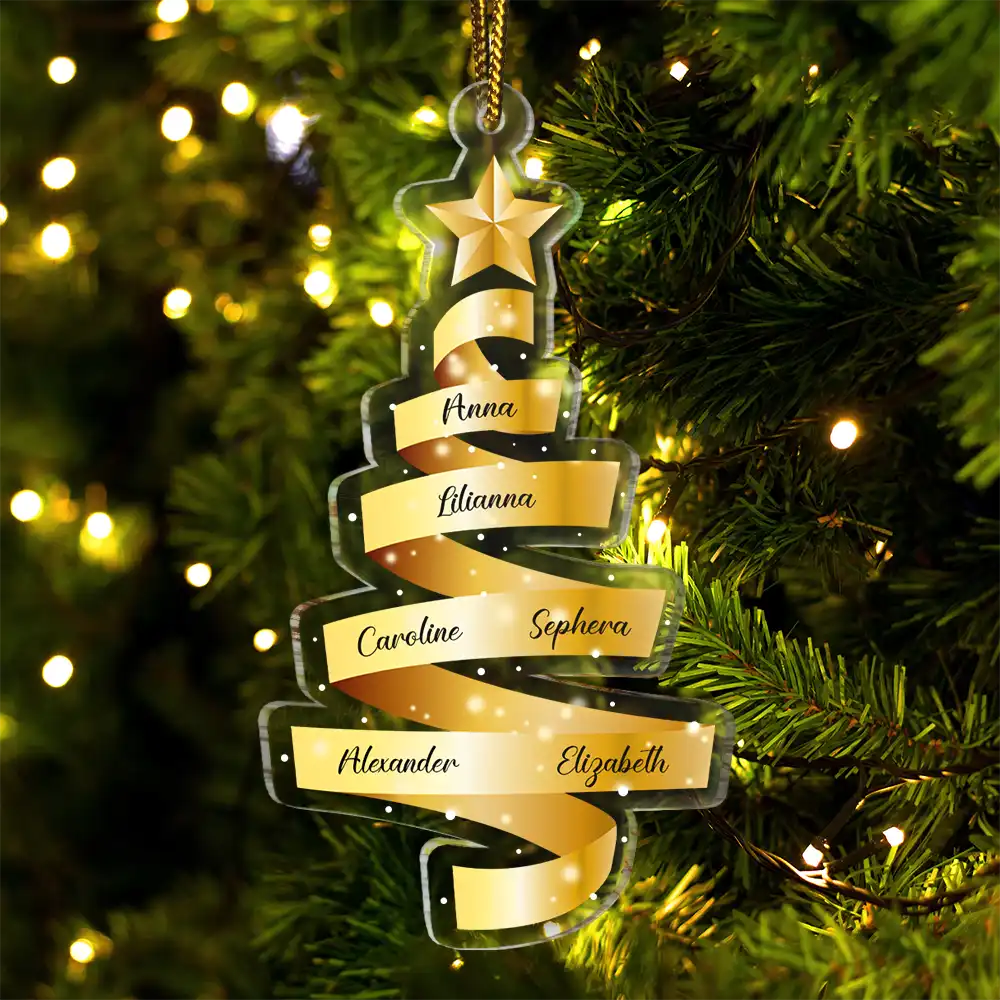 Family Names Ribbon Christmas Tree - Personalized Custom Shaped Acrylic Ornament ORNA1210