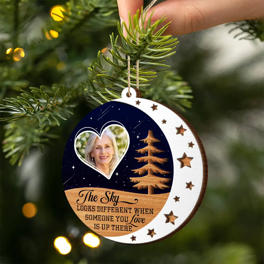 Custom Photo The Sky Looks Different Memorial - Personalized 2-Layered Wooden Ornament ORNA1210