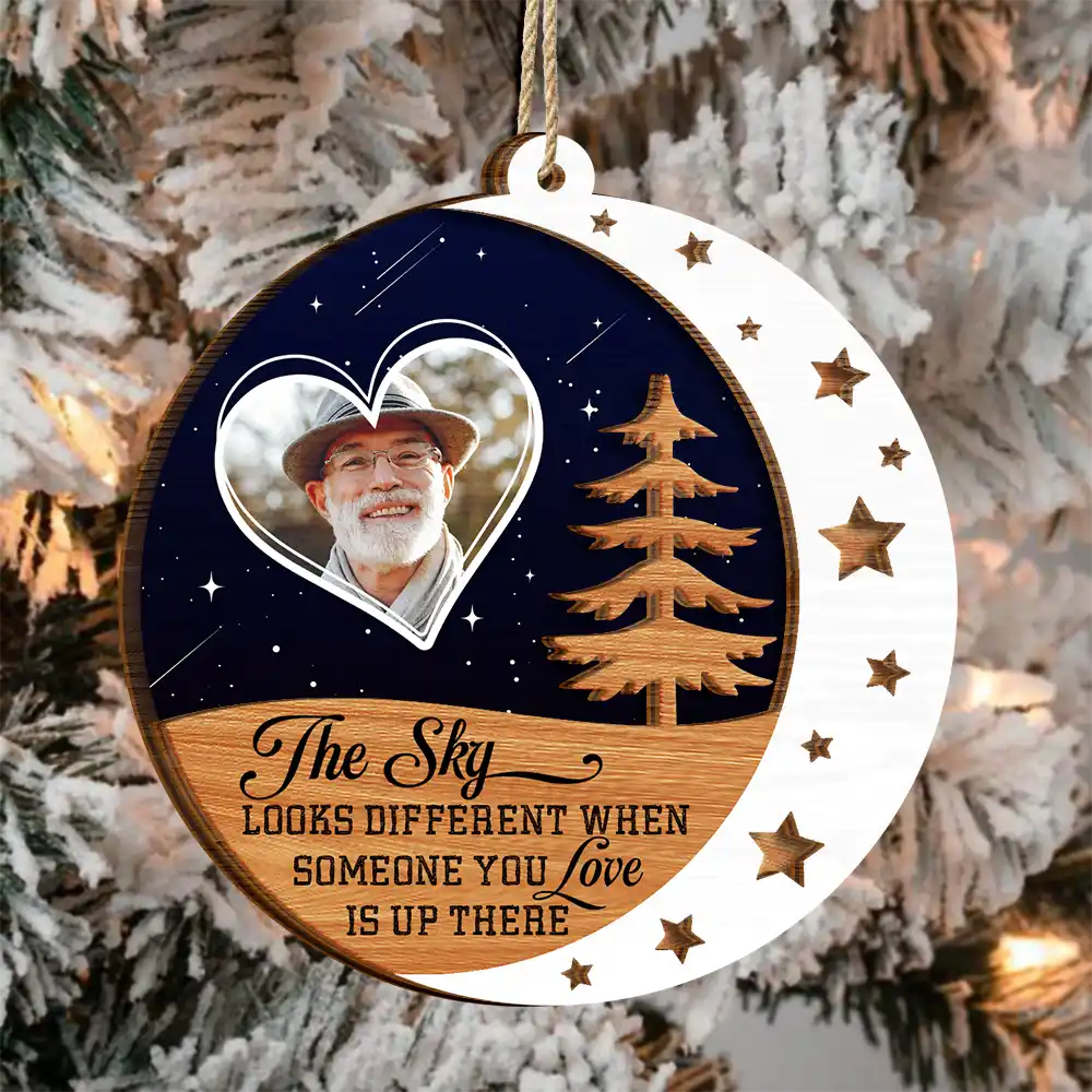 Custom Photo The Sky Looks Different Memorial - Personalized 2-Layered Wooden Ornament ORNA1210