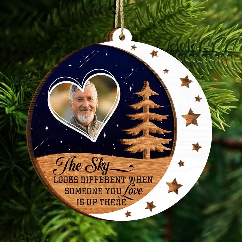 Custom Photo The Sky Looks Different Memorial - Personalized 2-Layered Wooden Ornament ORNA1210