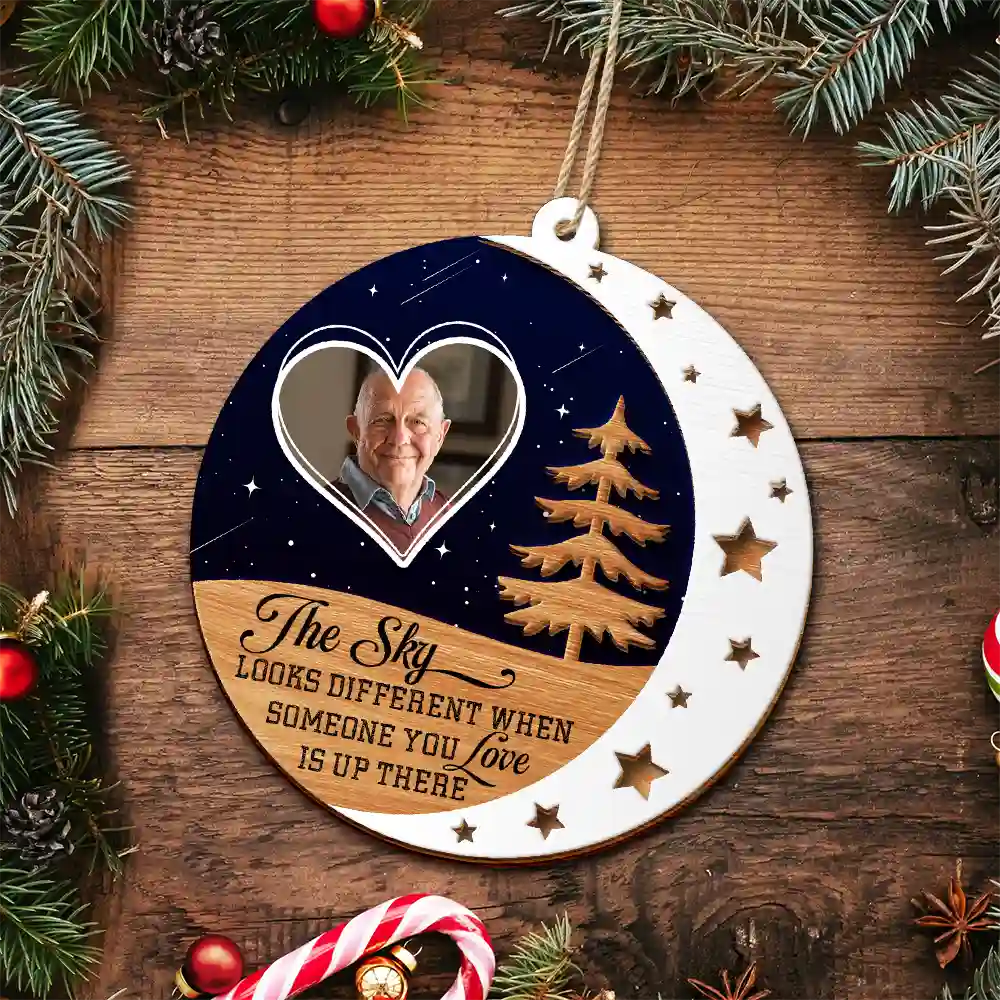 Custom Photo The Sky Looks Different Memorial - Personalized 2-Layered Wooden Ornament ORNA1210