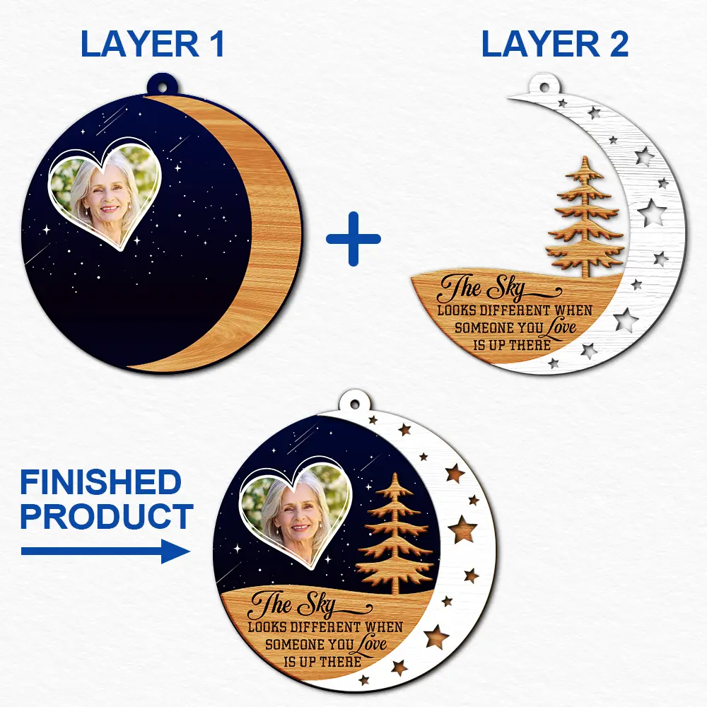 Custom Photo The Sky Looks Different Memorial - Personalized 2-Layered Wooden Ornament ORNA1210