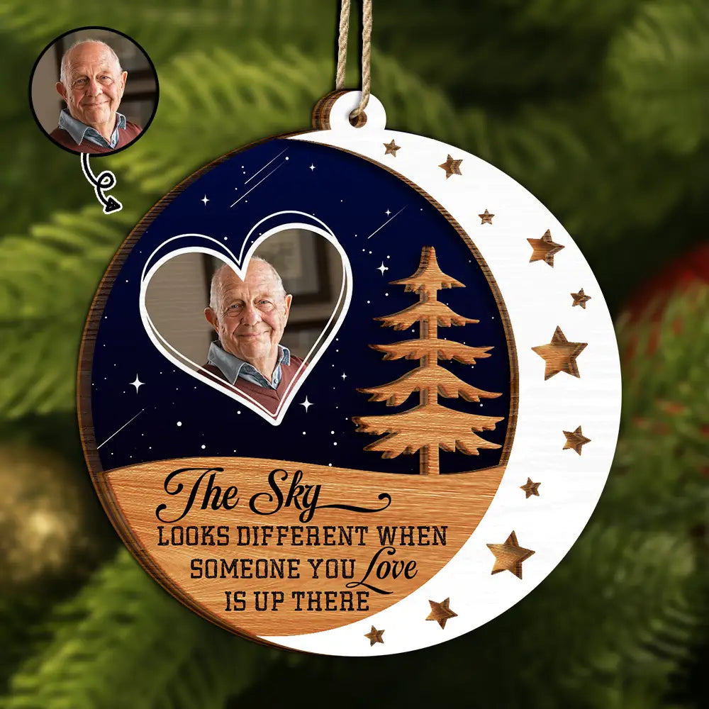 Custom Photo The Sky Looks Different Memorial - Personalized 2-Layered Wooden Ornament ORNA1210