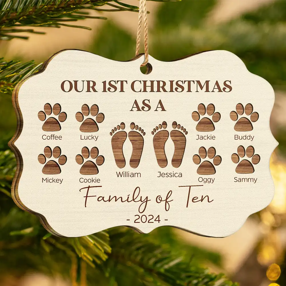First Christmas As A Family Of Four Footprints - Personalized Medallion Wooden Ornament ORNA1210
