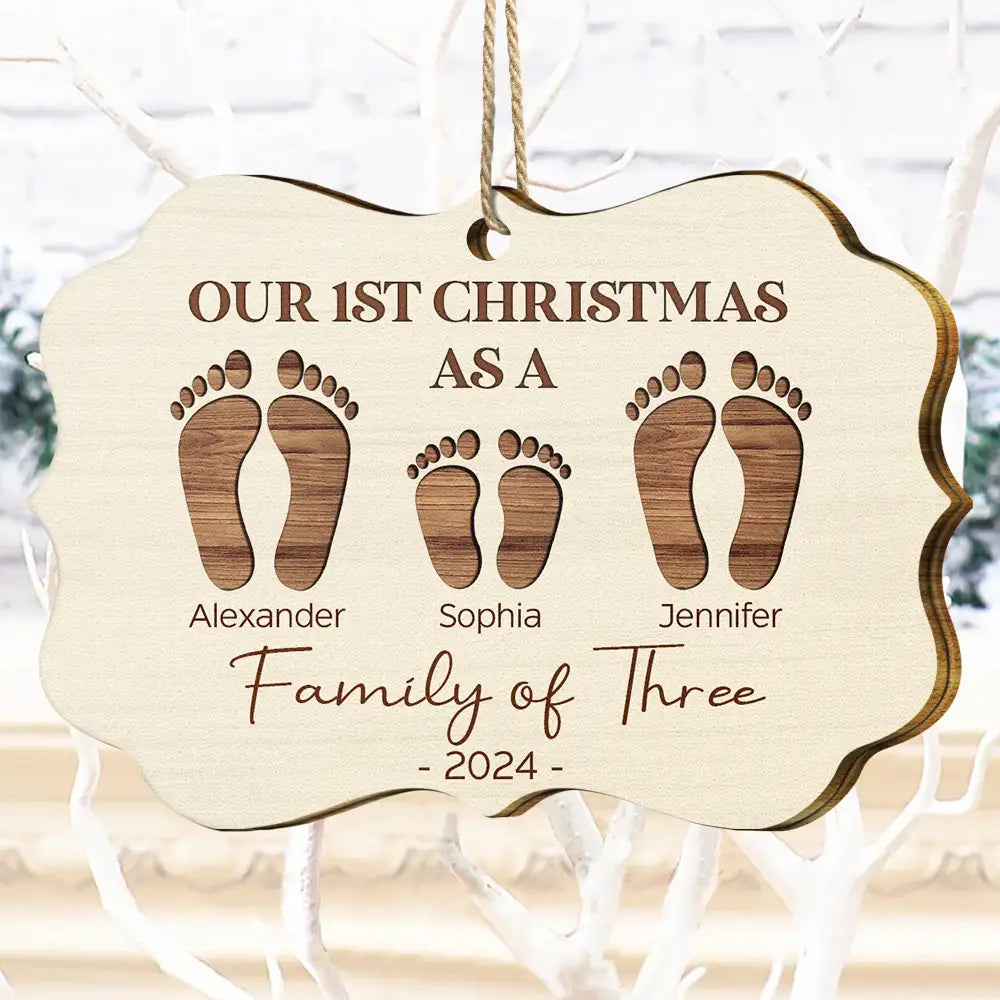 First Christmas As A Family Of Four Footprints - Personalized Medallion Wooden Ornament ORNA1210