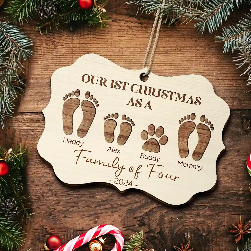 First Christmas As A Family Of Four Footprints - Personalized Medallion Wooden Ornament ORNA1210