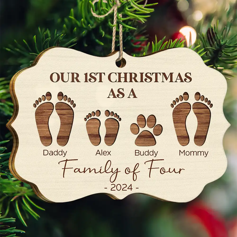 First Christmas As A Family Of Four Footprints - Personalized Medallion Wooden Ornament ORNA1210