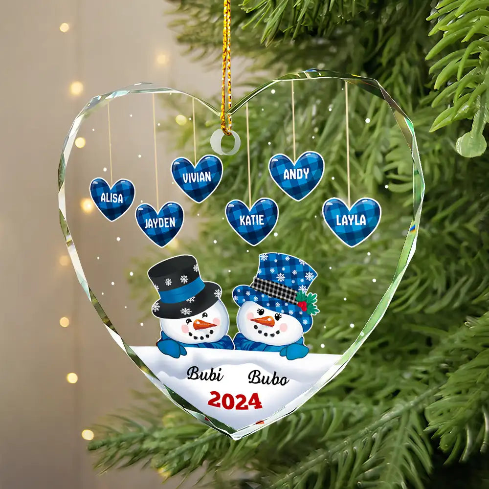 Papa Nana Snowman Christmas Grandparents - Personalized Heart Shaped Glass Ornament ORNA1210