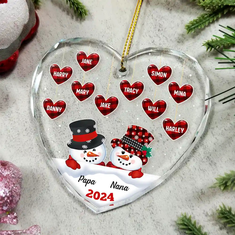 Papa Nana Snowman Christmas Grandparents - Personalized Heart Shaped Glass Ornament ORNA1210