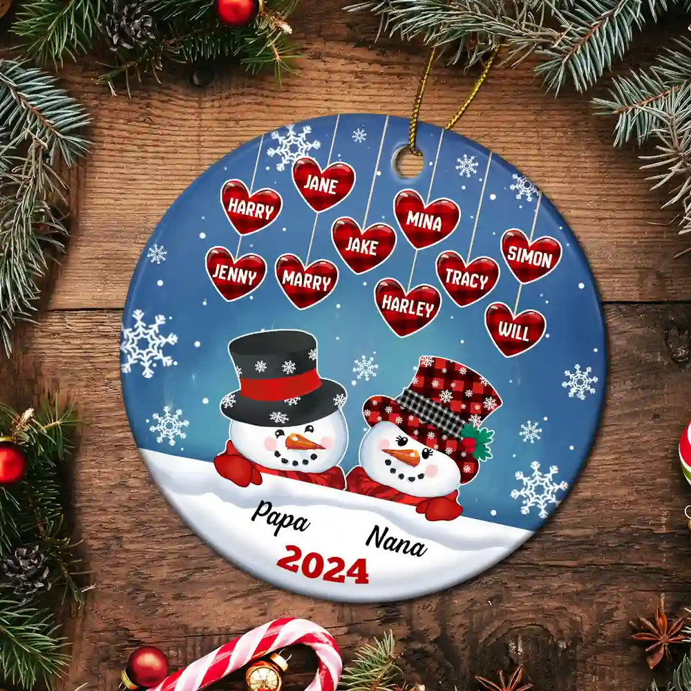 Papa Nana Snowman Christmas Grandparents - Personalized Circle Ceramic Ornament ORNA1210