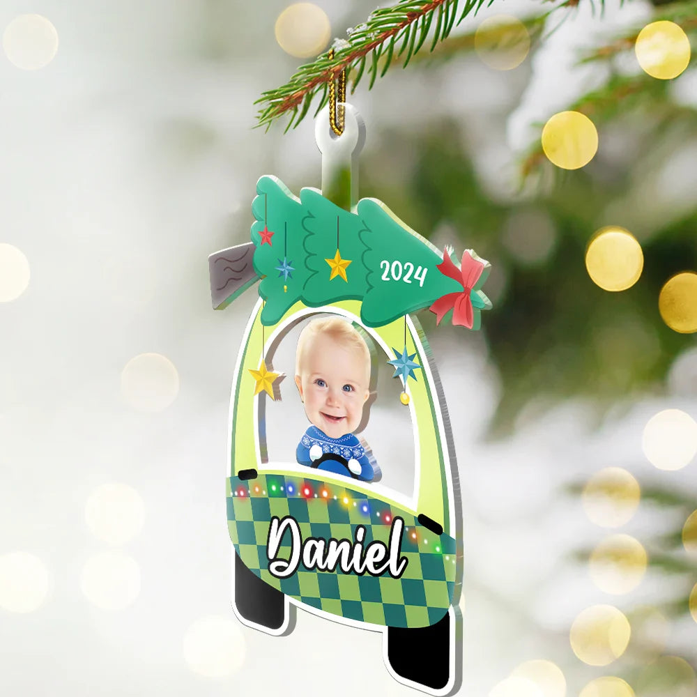 Custom Photo Cute Baby First Christmas Car - Personalized Cutout Acrylic Ornament ORNA1210
