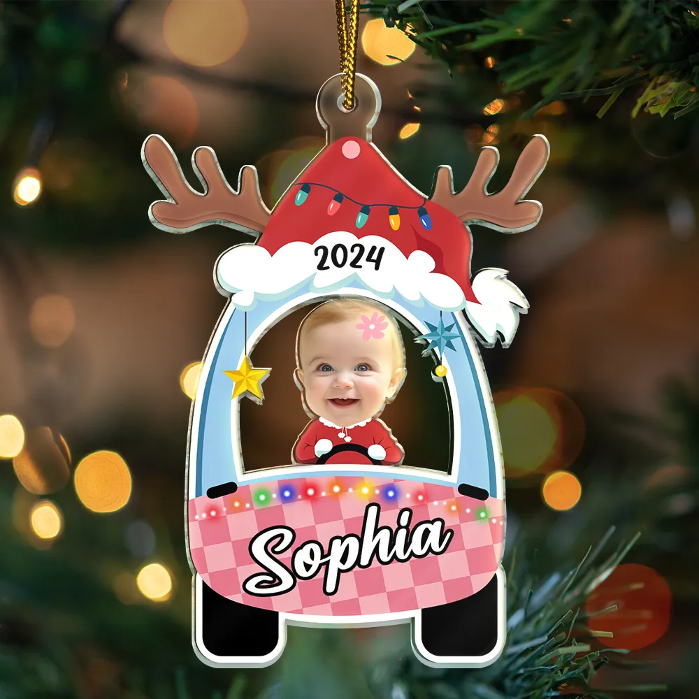 Custom Photo Cute Baby First Christmas Car - Personalized Cutout Acrylic Ornament ORNA1210
