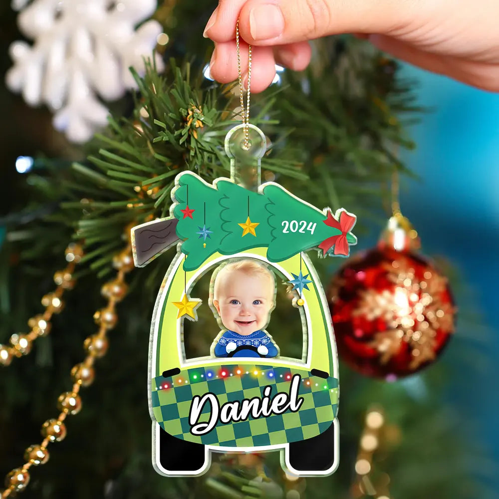 Custom Photo Cute Baby First Christmas Car - Personalized Cutout Acrylic Ornament ORNA1210
