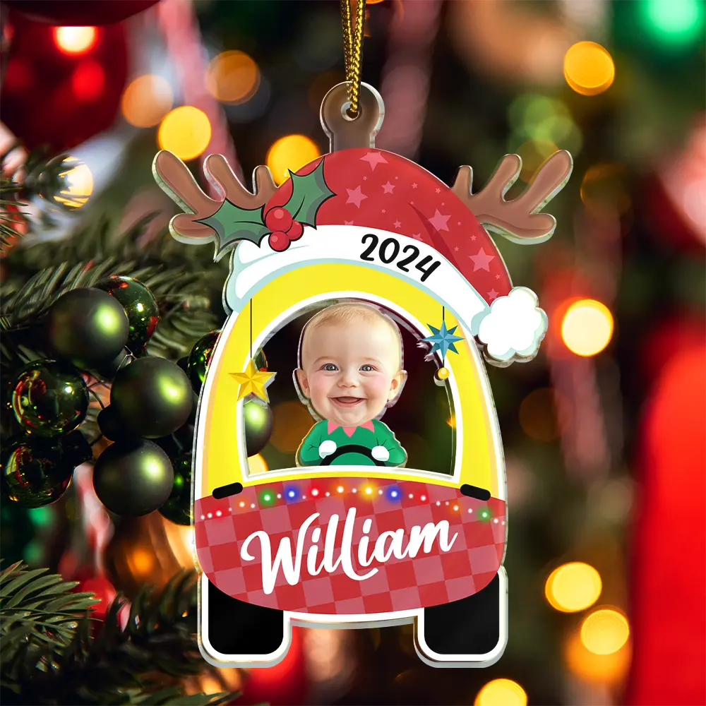 Custom Photo Cute Baby First Christmas Car - Personalized Cutout Acrylic Ornament ORNA1210