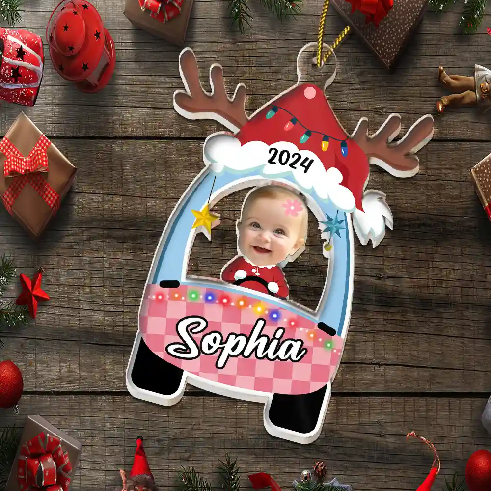 Custom Photo Cute Baby First Christmas Car - Personalized Cutout Acrylic Ornament ORNA1210