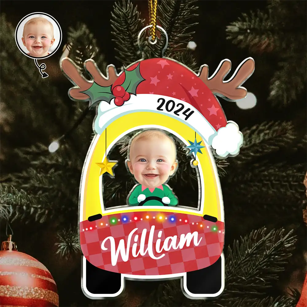 Custom Photo Cute Baby First Christmas Car - Personalized Cutout Acrylic Ornament ORNA1210