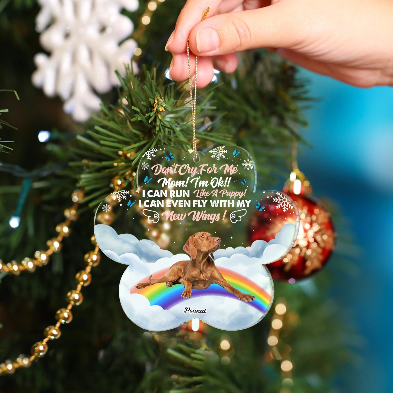 Custom Photo Don't Cry For Me I'm Ok - Christmas Sympathy Gift For Dog Lovers - Personalized Custom Shaped Acrylic Ornament ORNA1210