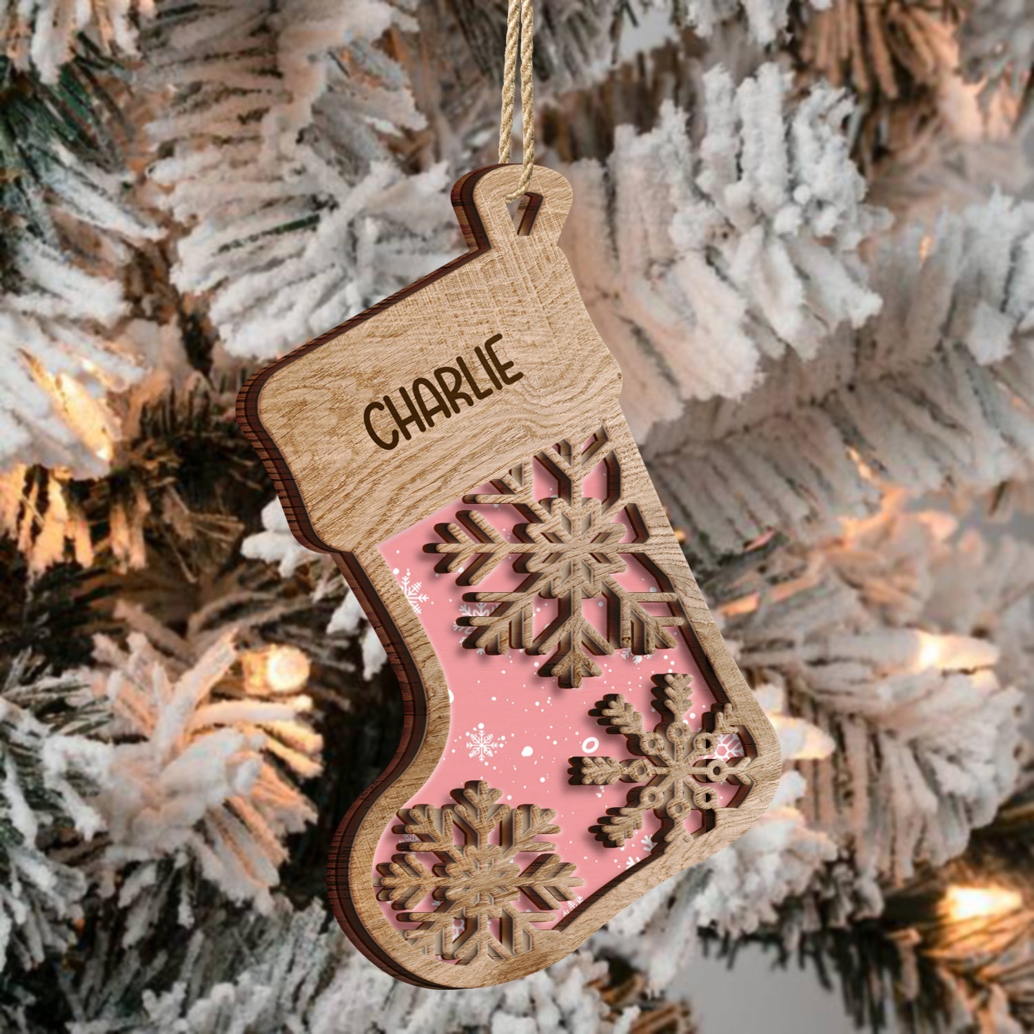 Snowflakes Stocking - Christmas Gift For The Loved One - Personalized 2-Layered Wooden Ornament ORNA1210