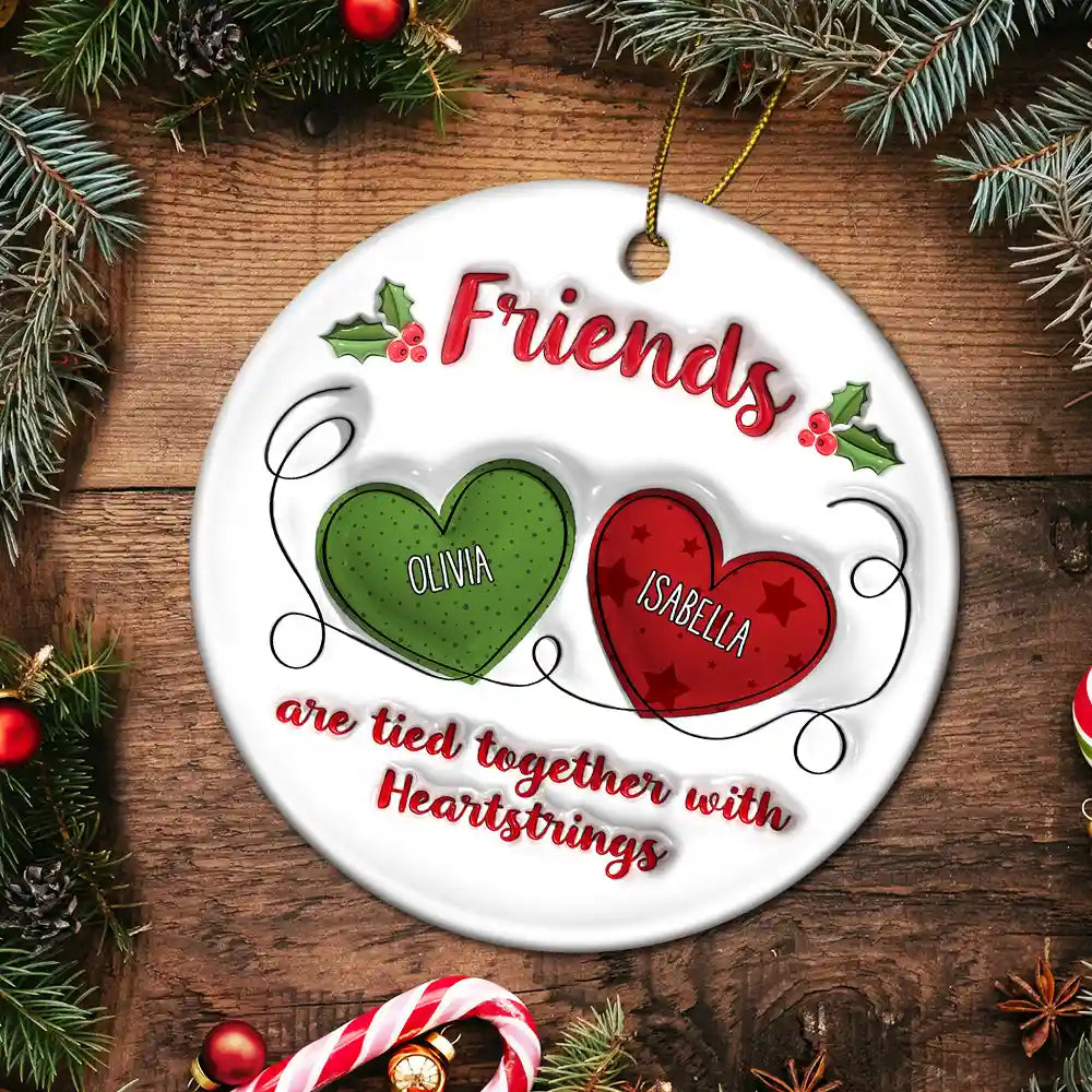 Besties Friends Are Tied Together With Heartstrings - 3D Inflated Effect Printed Ornament, Personalized Circle Ceramic Ornament ORNA1210