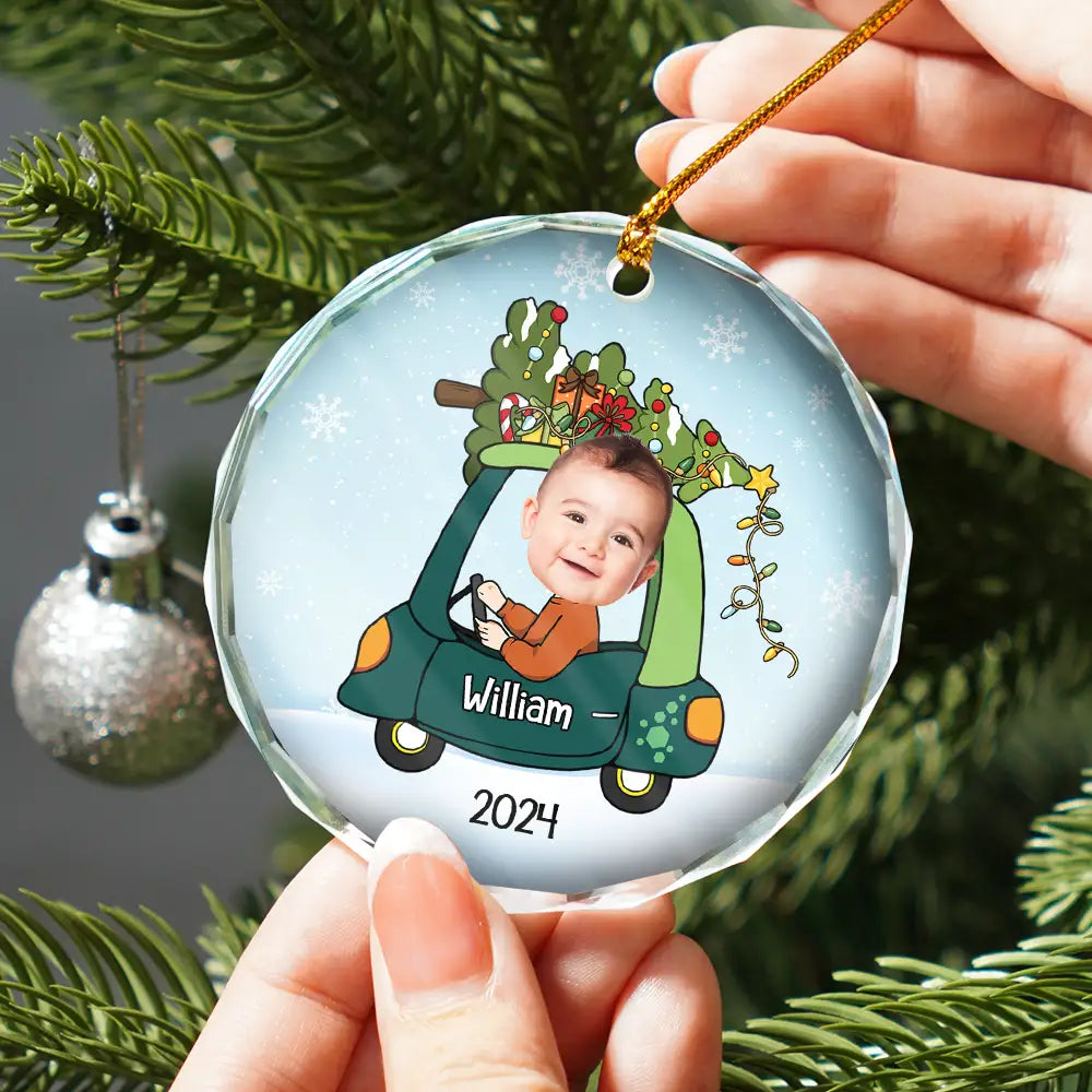Custom Photo Christmas Baby In Car - Personalized Combo Circle Glass Ornament ORNA1210