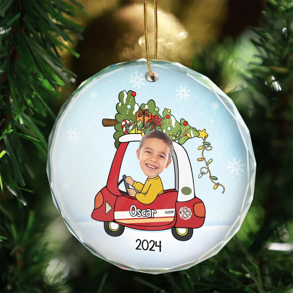 Custom Photo Christmas Baby In Car - Personalized Combo Circle Glass Ornament ORNA1210