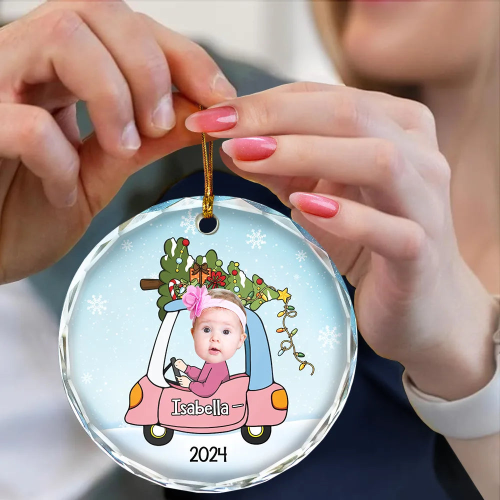 Custom Photo Christmas Baby In Car - Personalized Combo Circle Glass Ornament ORNA1210